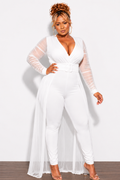 Final Sale Plus Size Mesh Ruched Sleeve Jumpsuit with Attached Long Skirt in Off White