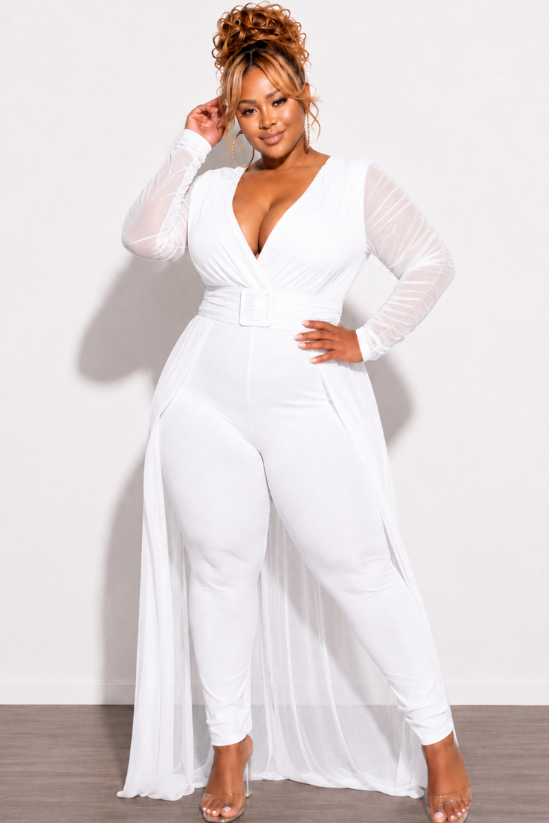 Final Sale Plus Size Mesh Ruched Sleeve Jumpsuit with Attached Long Skirt in Off White