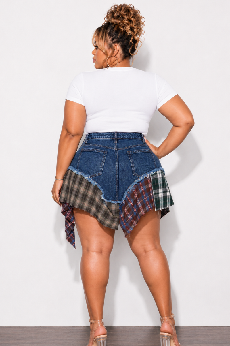 Final Sale Plus Size Splicing Skirt in Dark Denim in Multi-Color Plaid Print