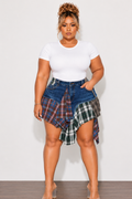 Final Sale Plus Size Splicing Skirt in Dark Denim in Multi-Color Plaid Print