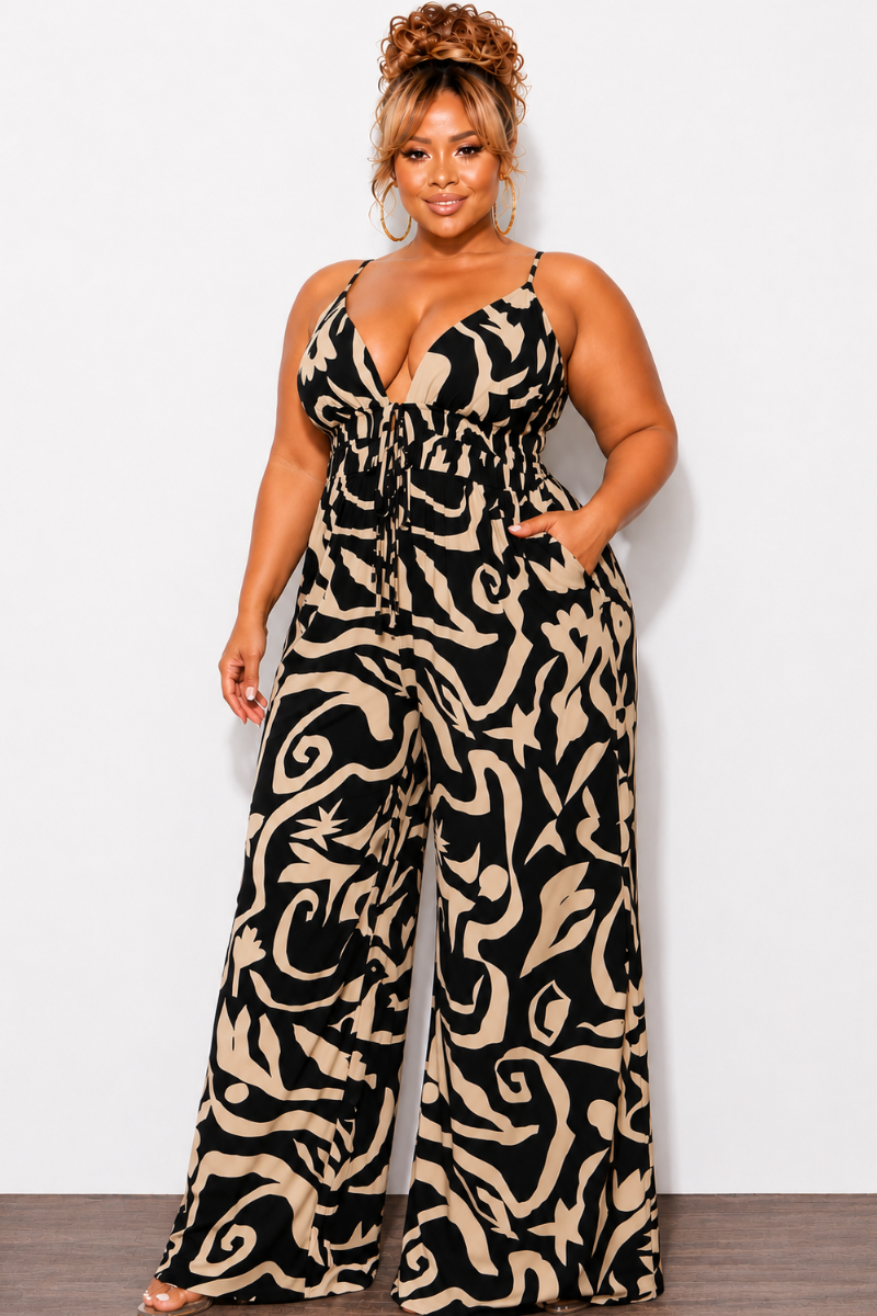 Final Sale Plus Size Spaghetti Strap Jumpsuit In Black and Tan