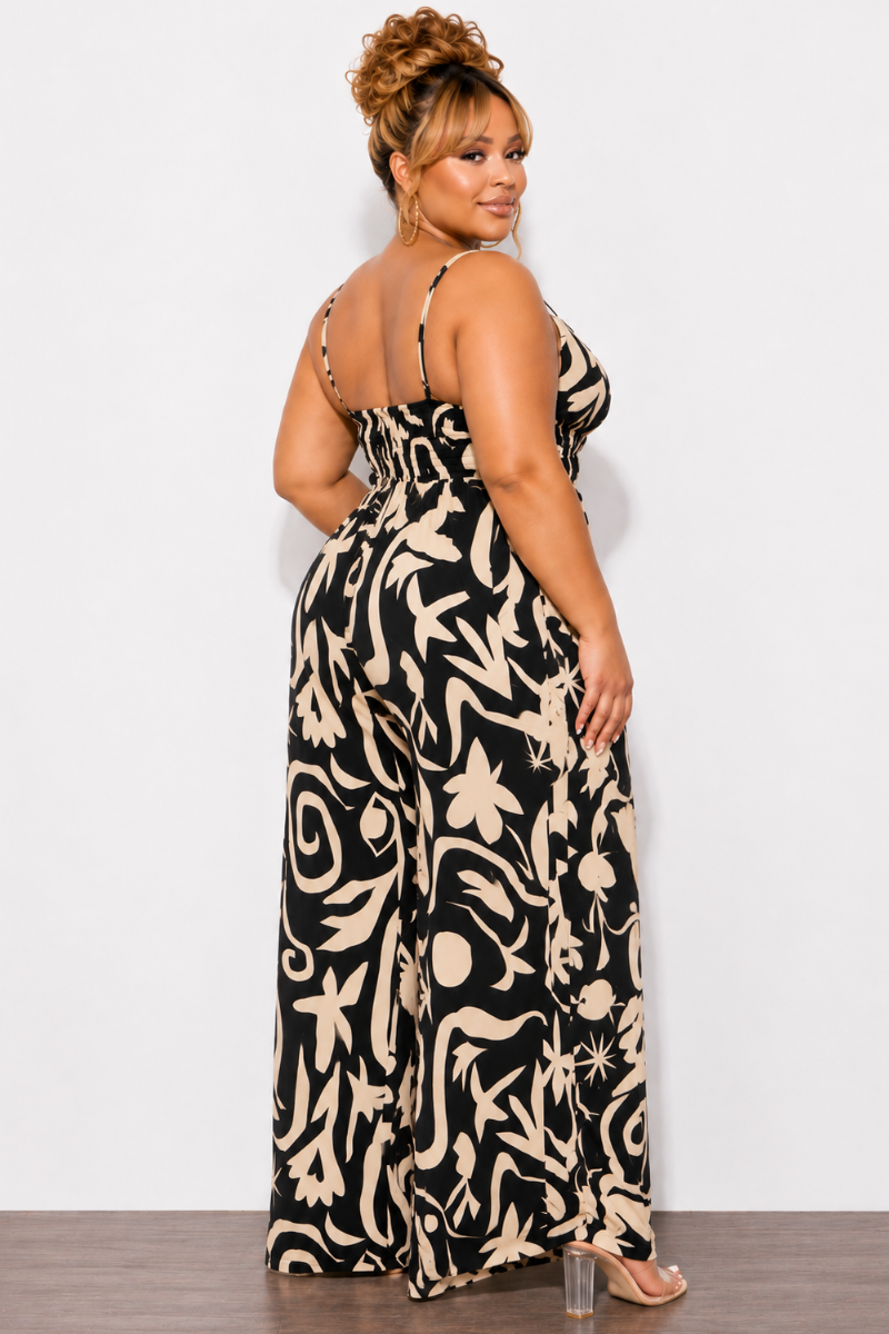 Final Sale Plus Size Spaghetti Strap Jumpsuit In Black and Tan