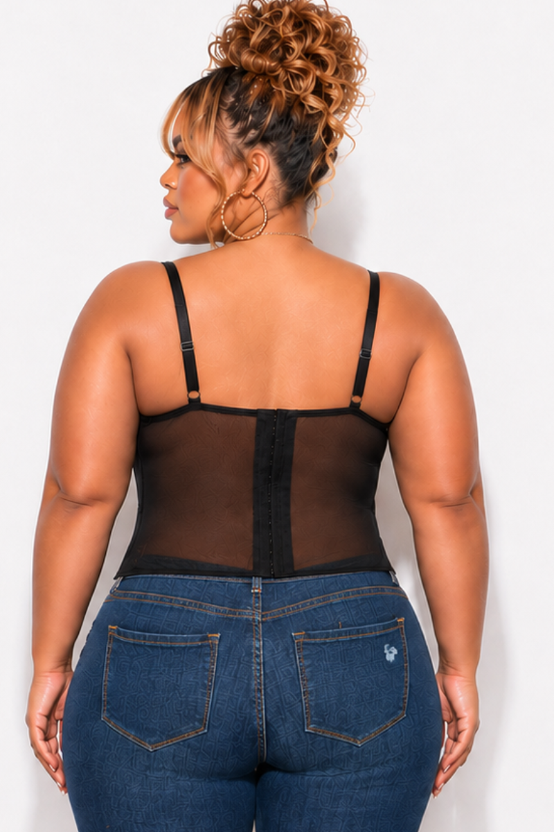 Final Sale Plus Size Lace Spaghetti Strap Corset with Mesh Back in Black