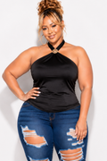Final Sale Plus Size Halter Satin Top in Black with Gold Accent