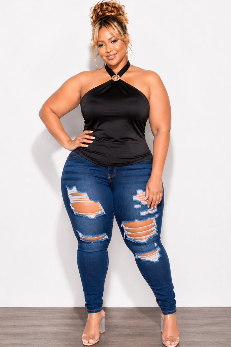 Final Sale Plus Size Halter Satin Top in Black with Gold Accent