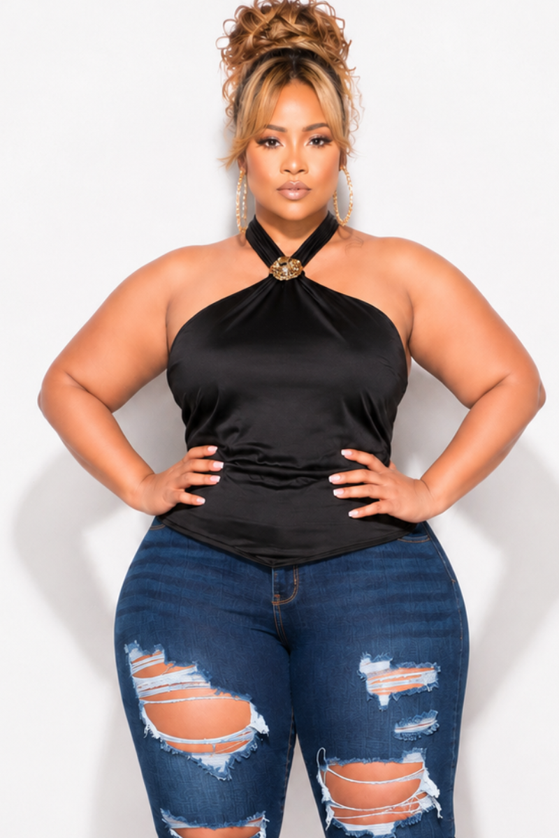 Final Sale Plus Size Halter Satin Top in Black with Gold Accent