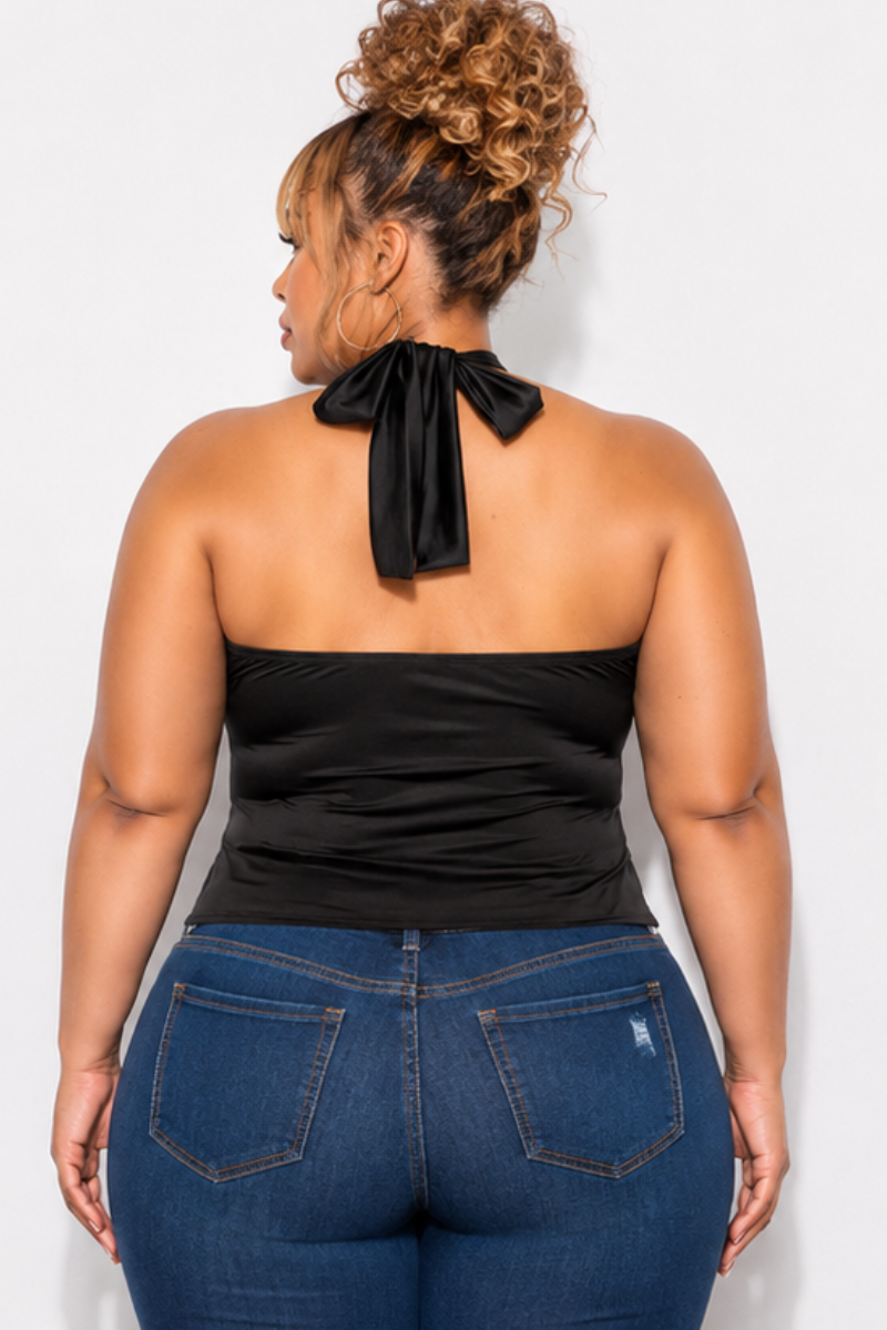 Final Sale Plus Size Halter Satin Top in Black with Gold Accent