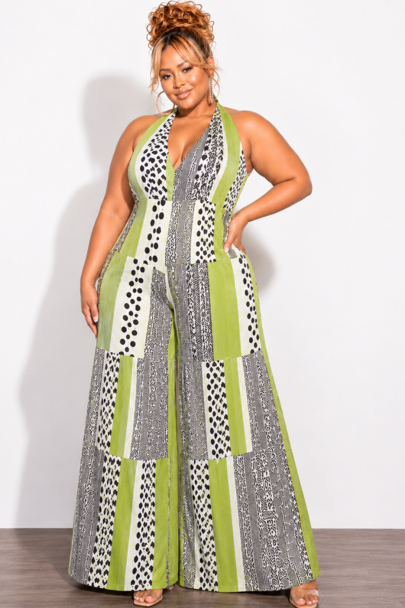 Final Sale Plus Size Halter Jumpsuit With 3 Layer Bottom In Lime Green Multi-Color Print
