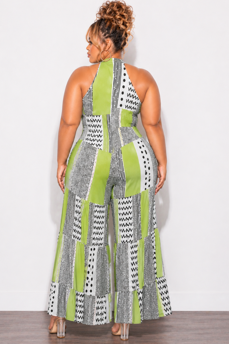 Final Sale Plus Size Halter Jumpsuit With 3 Layer Bottom In Lime Green Multi-Color Print