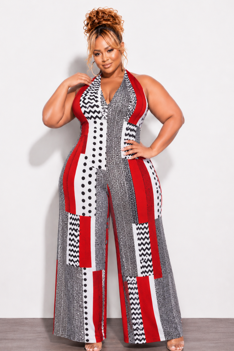 Final Sale Plus Size Halter Jumpsuit With 3 Layer Bottom In Red Multi-Color Print