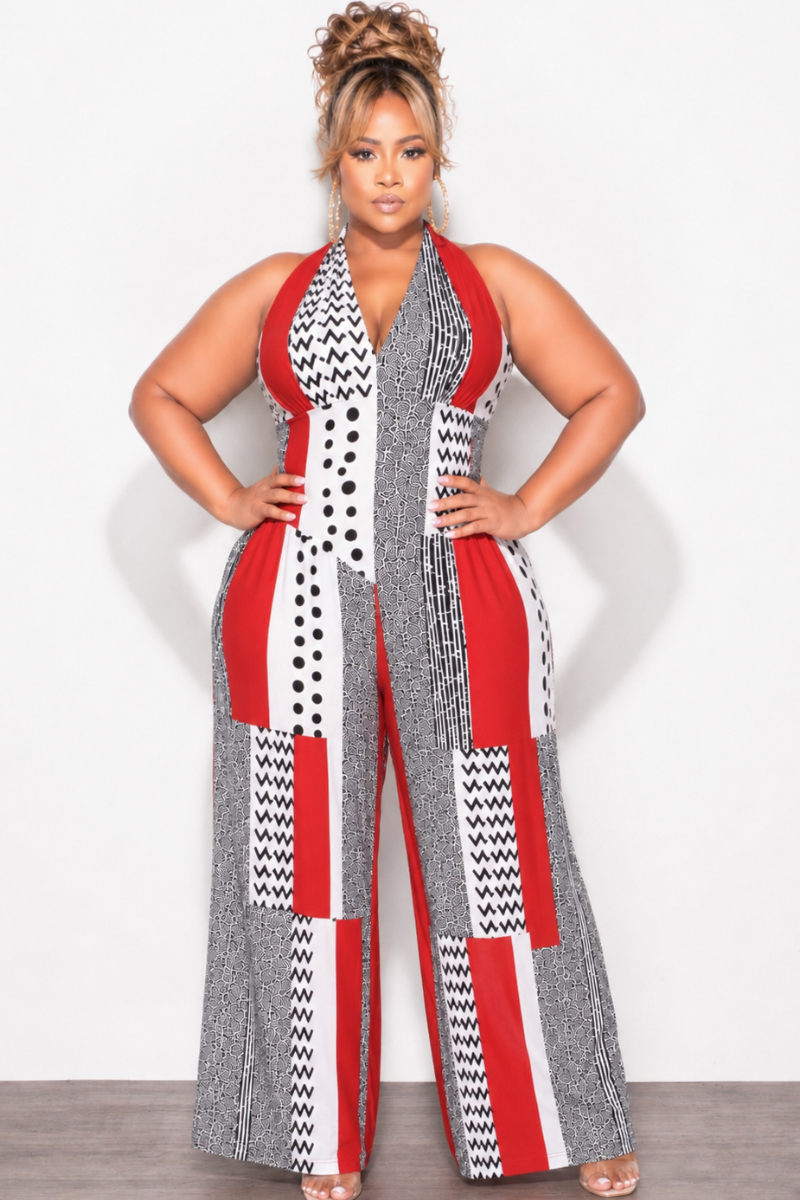 Final Sale Plus Size Halter Jumpsuit With 3 Layer Bottom In Red Multi-Color Print