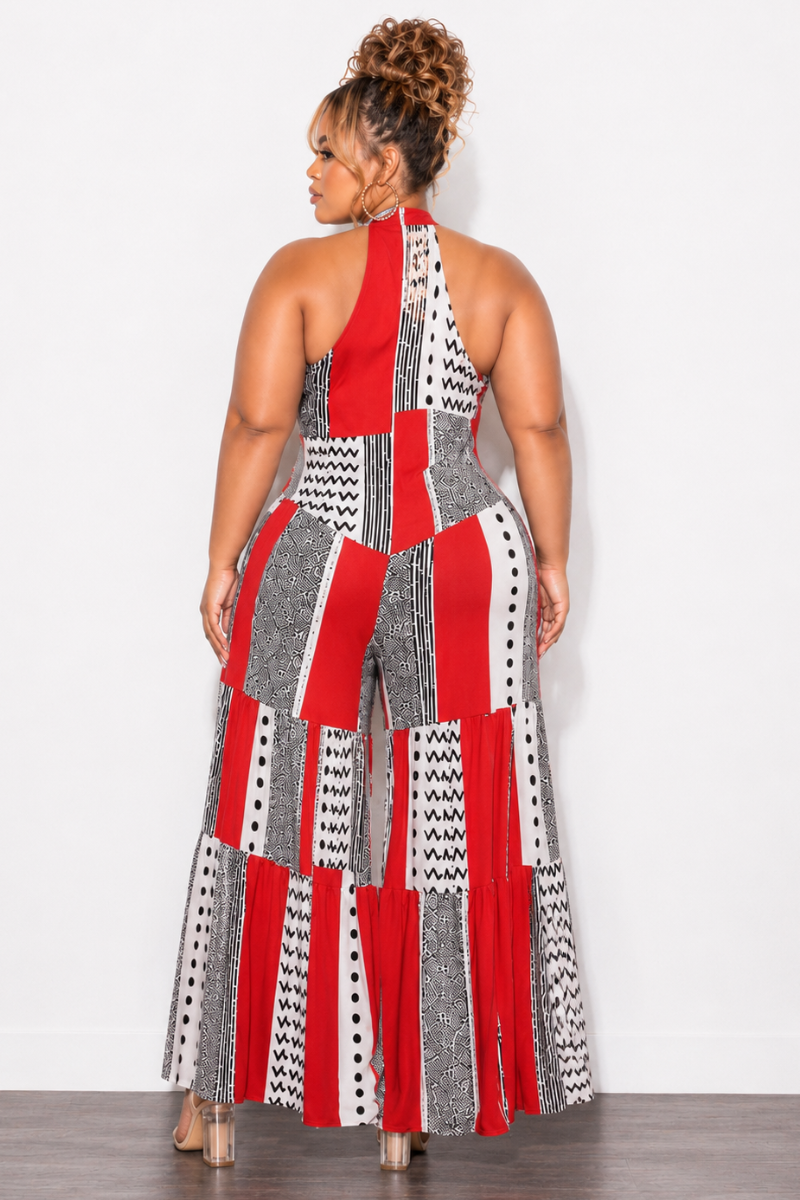 Final Sale Plus Size Halter Jumpsuit With 3 Layer Bottom In Red Multi-Color Print