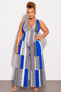 Final Sale Plus Size Halter Jumpsuit With 3 Layer Bottom In Royal Blue Multi-Color Print