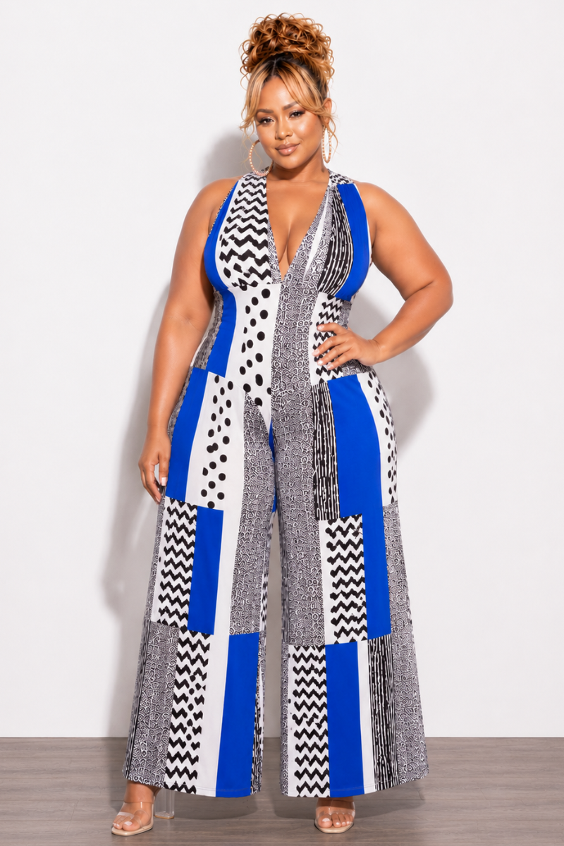 Final Sale Plus Size Halter Jumpsuit With 3 Layer Bottom In Royal Blue Multi-Color Print
