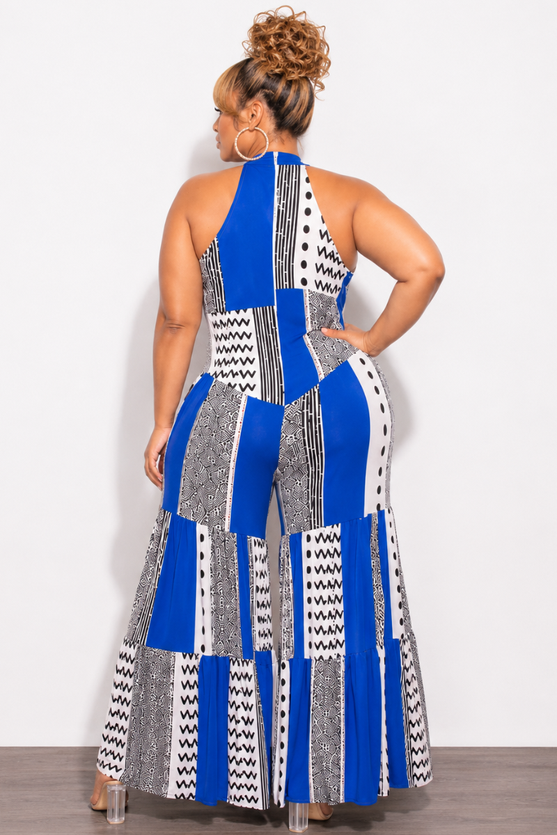 Final Sale Plus Size Halter Jumpsuit With 3 Layer Bottom In Royal Blue Multi-Color Print