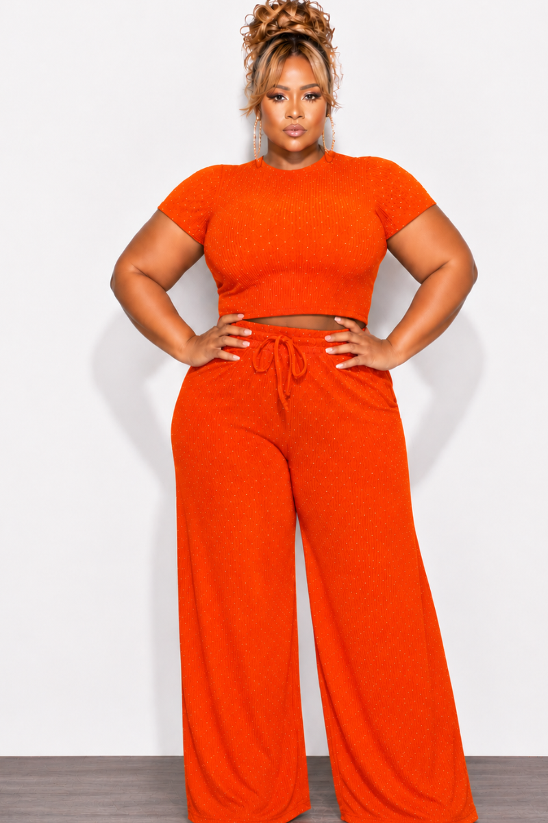Final Sale Plus Size 2pc Crop Top and Leg Pant Set in Orange Crinkle Fabric with Studs