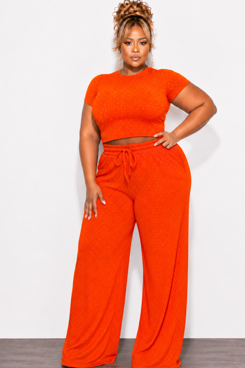 Final Sale Plus Size 2pc Crop Top and Leg Pant Set in Orange Crinkle Fabric with Studs