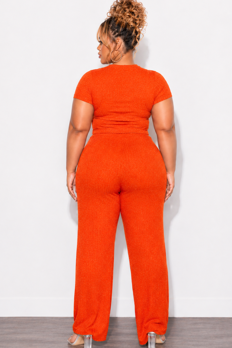 Final Sale Plus Size 2pc Crop Top and Leg Pant Set in Orange Crinkle Fabric with Studs