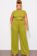 Final Sale Plus Size 2pc Crop Top and Leg Pant Set in Light Olive Crinkle Fabric with Studs