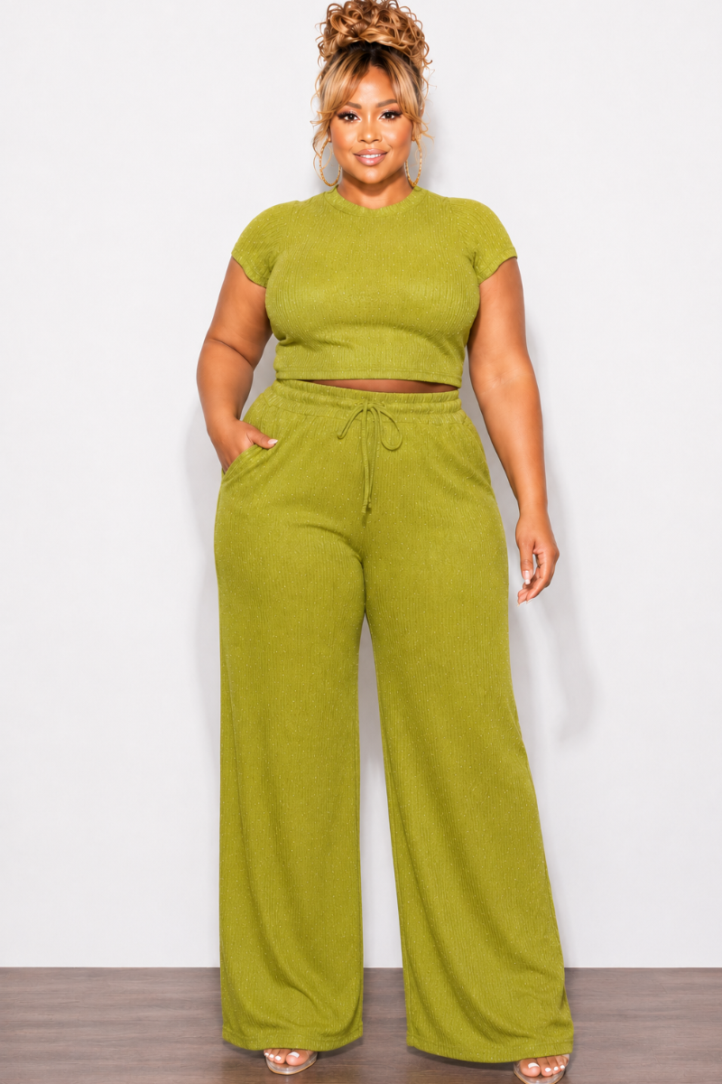 Final Sale Plus Size 2pc Crop Top and Leg Pant Set in Light Olive Crinkle Fabric with Studs