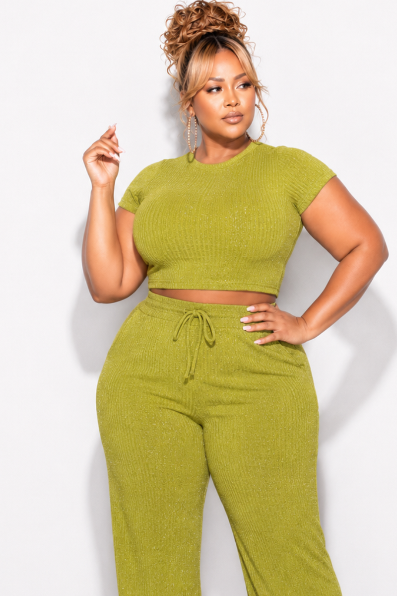 Final Sale Plus Size 2pc Crop Top and Leg Pant Set in Light Olive Crinkle Fabric with Studs