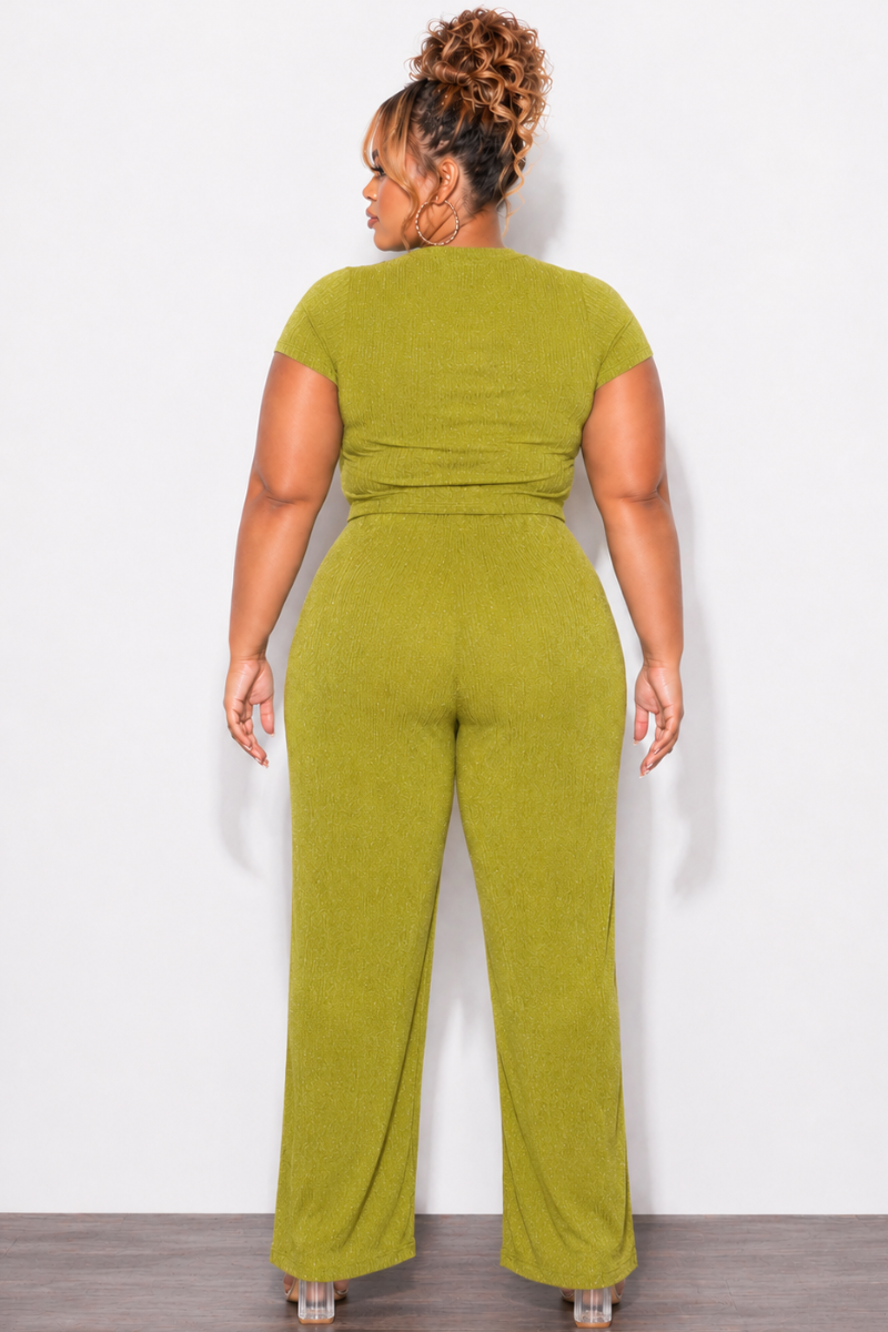 Final Sale Plus Size 2pc Crop Top and Leg Pant Set in Light Olive Crinkle Fabric with Studs