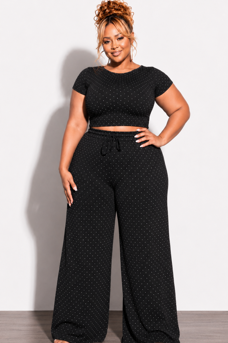 Final Sale Plus Size 2pc Crop Top and Leg Pant Set in Black Crinkle Fabric with Studs