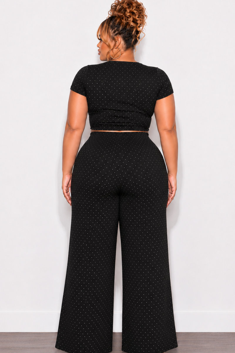 Final Sale Plus Size 2pc Crop Top and Leg Pant Set in Black Crinkle Fabric with Studs