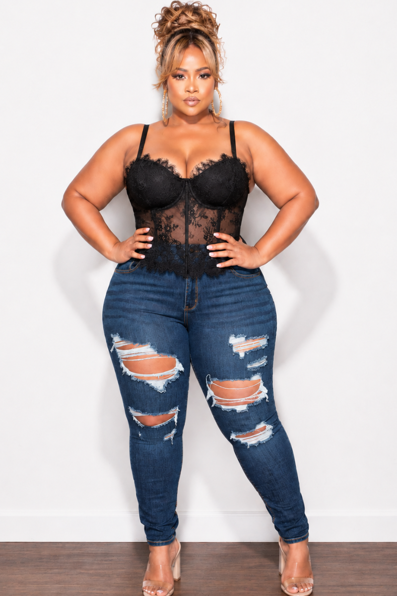 Final Sale Plus Size Lace Spaghetti Strap Corset with Mesh Back in Black