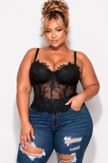 Final Sale Plus Size Lace Spaghetti Strap Corset with Mesh Back in Black