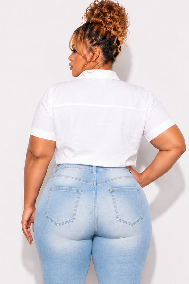 Final Sale Plus Size Short Sleeve Poplin Collar Crop Top in White
