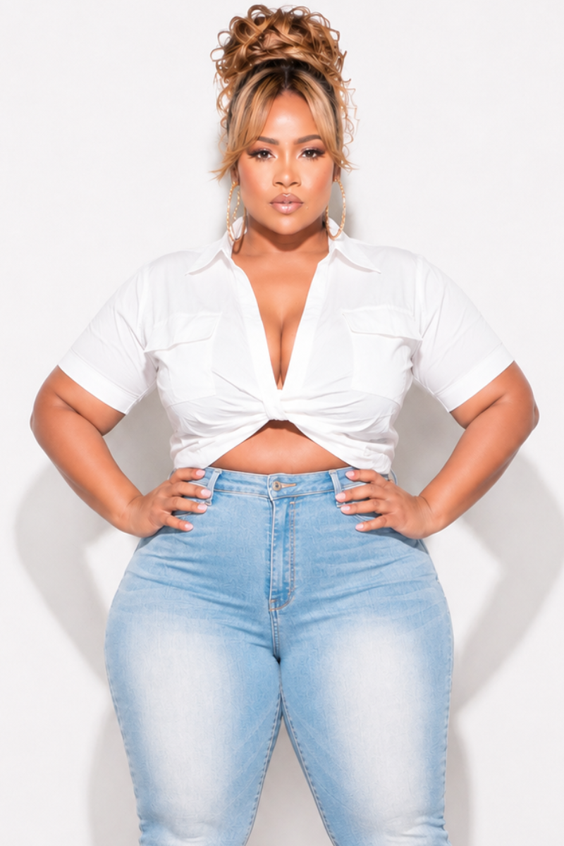 Final Sale Plus Size Short Sleeve Poplin Collar Crop Top in White