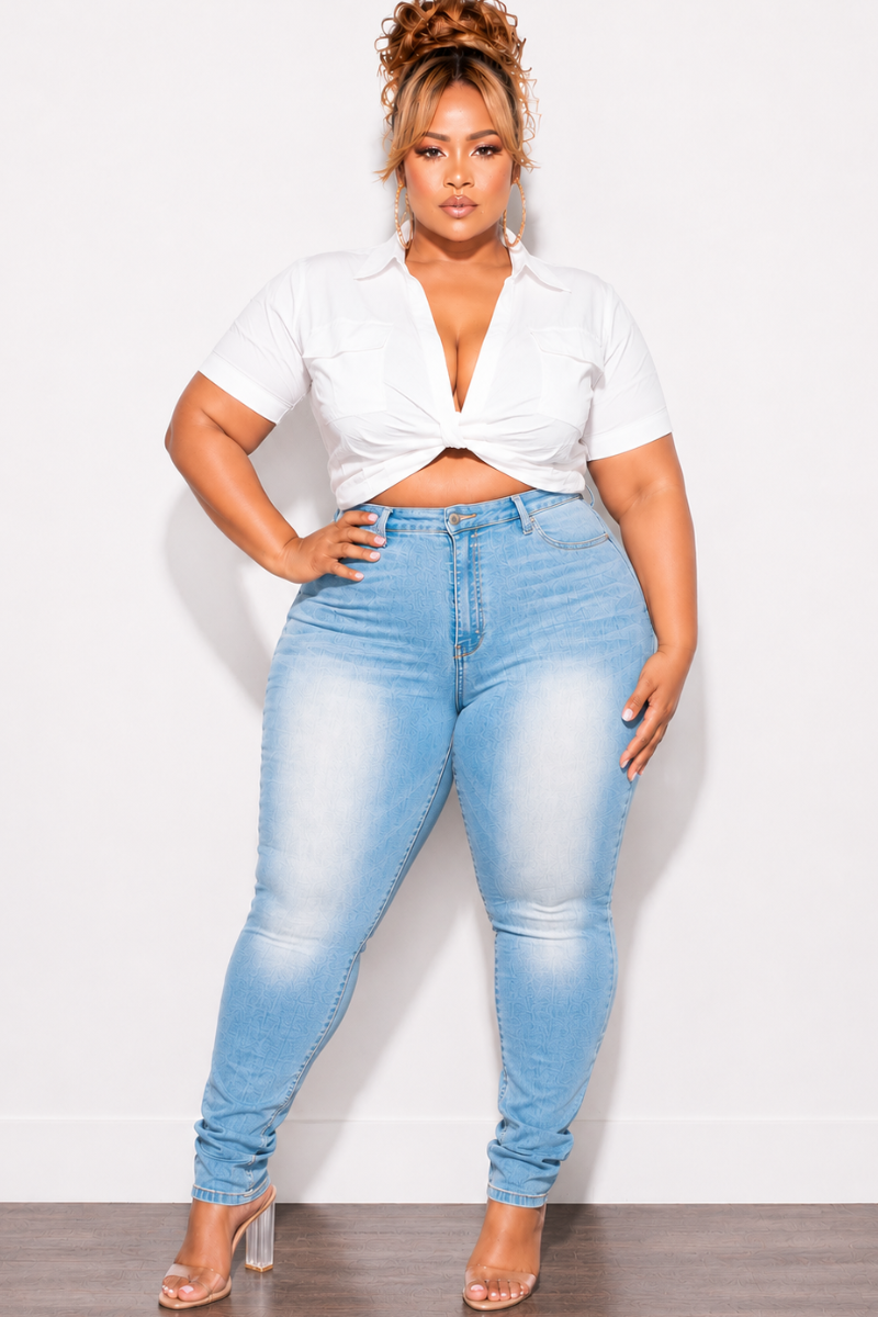 Final Sale Plus Size Short Sleeve Poplin Collar Crop Top in White