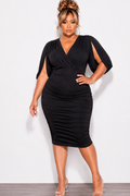 Final Sale Plus Size Deep V-neck Cape Slit Open Mesh Sleeve Ruched Mini Dress With in Black - Available Online Only