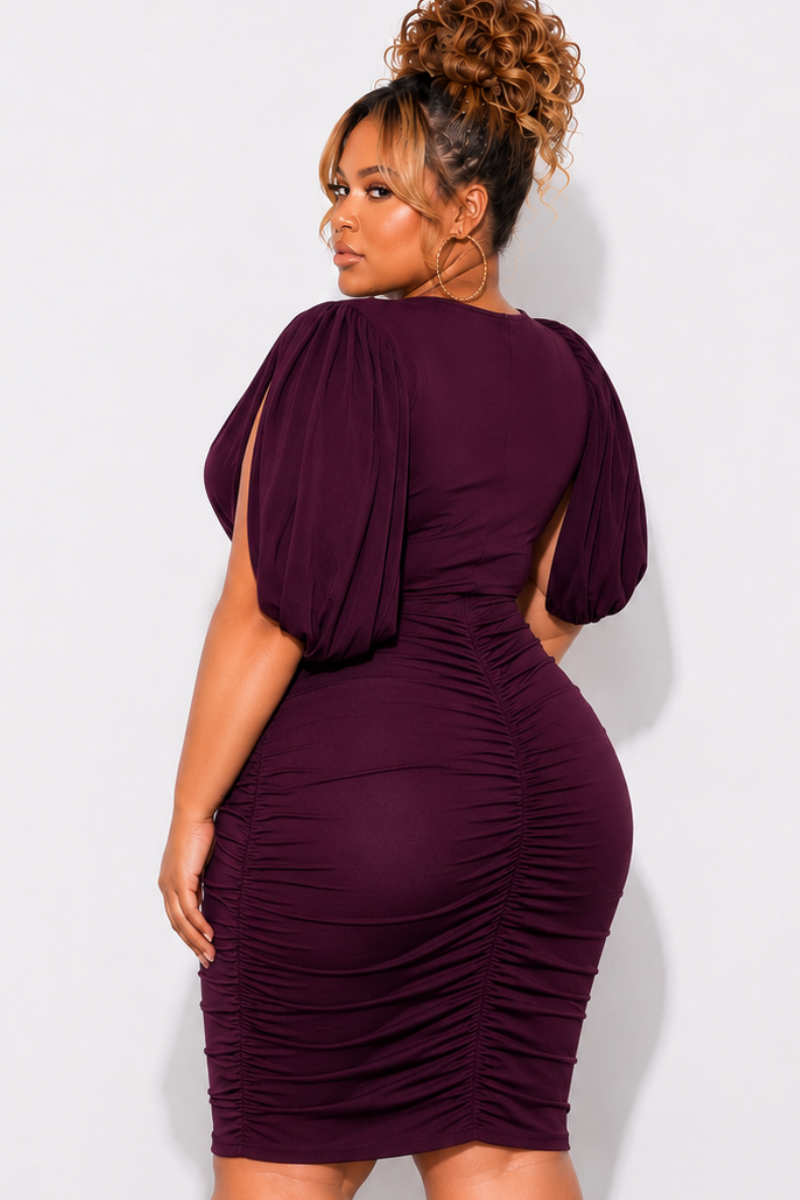 Final Sale Plus Size Deep V-neck Cape Slit Open Mesh Sleeve Ruched Mini Dress With in Burgundy - Available Online Only
