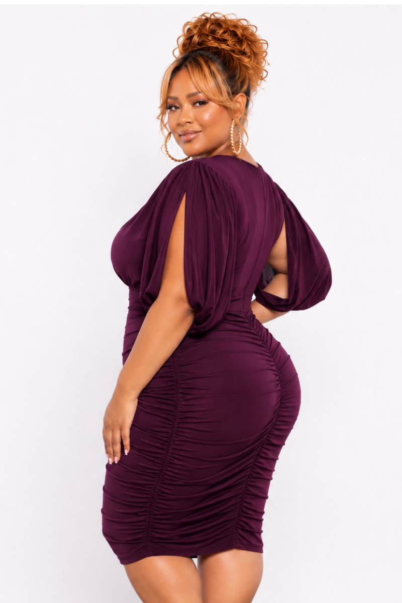 Final Sale Plus Size Deep V-neck Cape Slit Open Mesh Sleeve Ruched Mini Dress With in Burgundy - Available Online Only