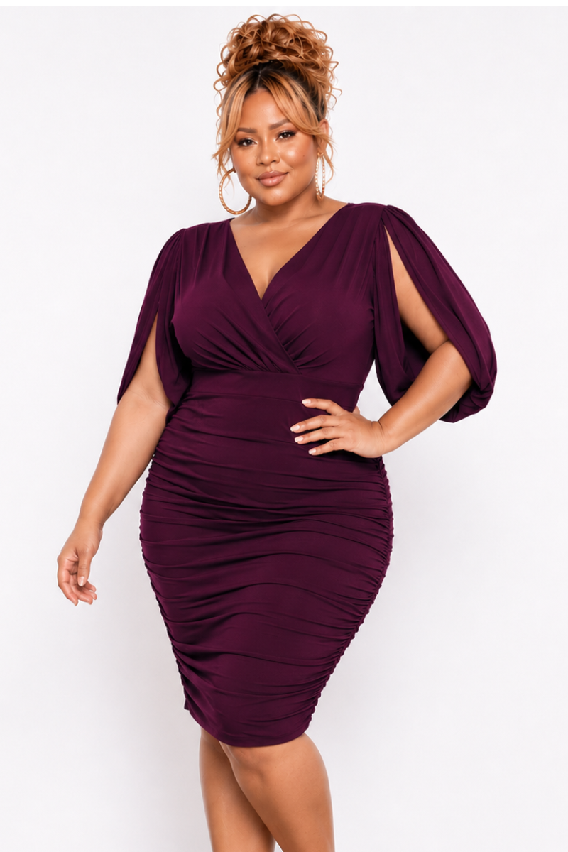Final Sale Plus Size Deep V-neck Cape Slit Open Mesh Sleeve Ruched Mini Dress With in Burgundy - Available Online Only