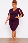 Final Sale Plus Size Deep V-neck Cape Slit Open Mesh Sleeve Ruched Mini Dress With in Burgundy - Available Online Only