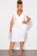 Final Sale Plus Size Deep V-neck Cape Slit Open Mesh Sleeve Ruched Mini Dress With in Ivory - Available Online Only