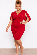 Final Sale Plus Size Deep V-neck Cape Slit Open Mesh Sleeve Ruched Mini Dress With in Red - Available Online Only