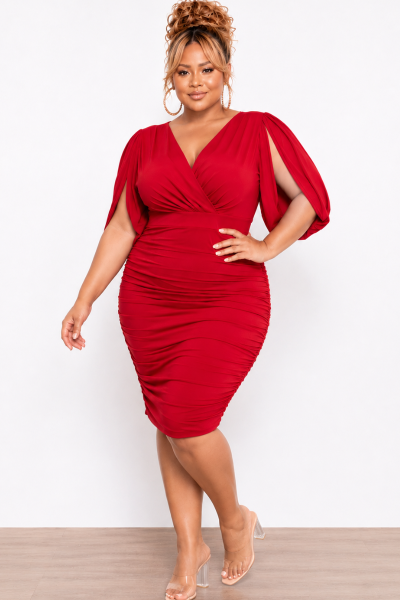 Final Sale Plus Size Deep V-neck Cape Slit Open Mesh Sleeve Ruched Mini Dress With in Red - Available Online Only