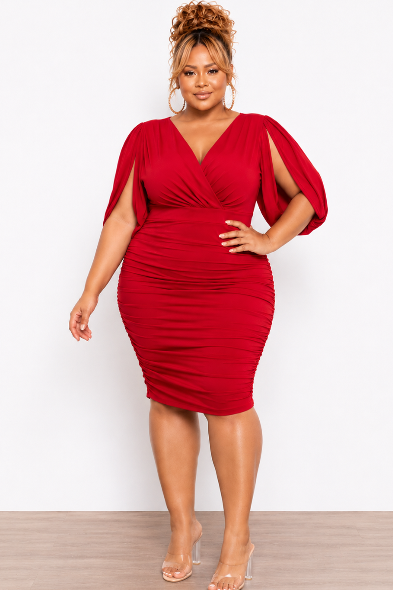 Final Sale Plus Size Deep V-neck Cape Slit Open Mesh Sleeve Ruched Mini Dress With in Red - Available Online Only