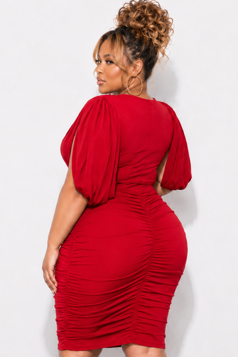 Final Sale Plus Size Deep V-neck Cape Slit Open Mesh Sleeve Ruched Mini Dress With in Red - Available Online Only
