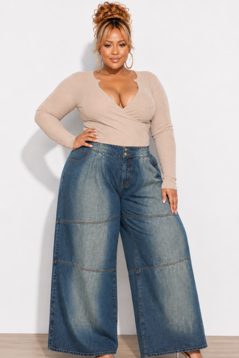 Final Sale Plus Size Long Sleeve Faux Wrap Crop Top in Taupe (Top Only)