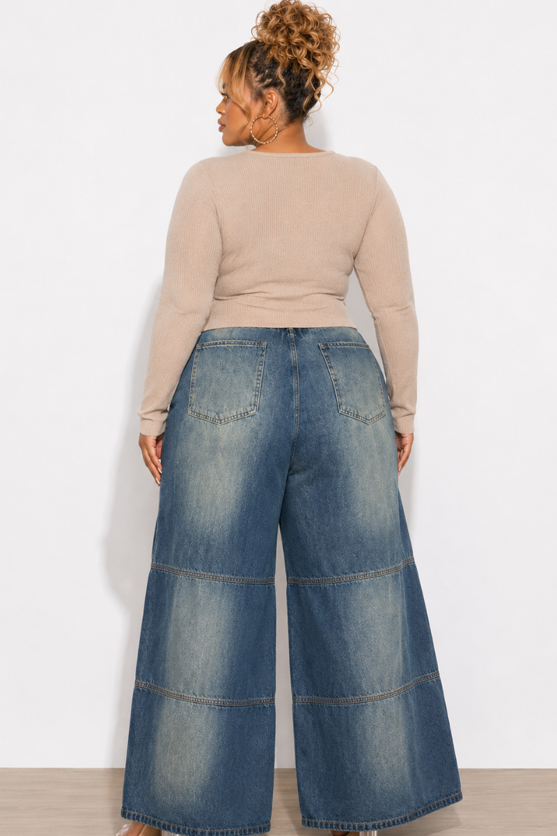 Final Sale Plus Size Long Sleeve Faux Wrap Crop Top in Taupe (Top Only)