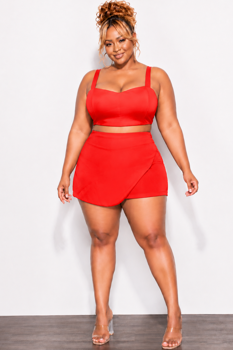 Final Sale Plus Size 2pc Strapless Crop Top and Skort Set in Dark Coral