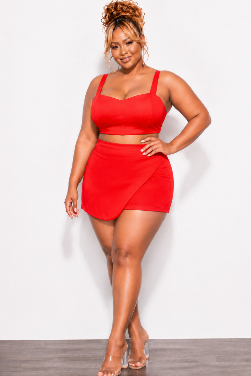 Final Sale Plus Size 2pc Strapless Crop Top and Skort Set in Dark Coral