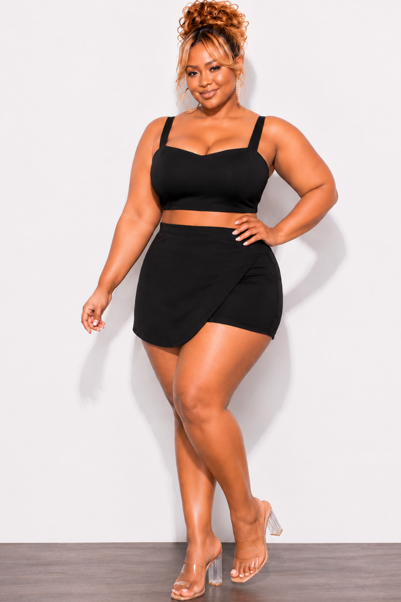 Final Sale Plus Size 2pc Strapless Crop Top and Skort Set in Black