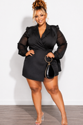 Final Sale Plus Size Faux Wrap Romper with Chiffon Sleeves in Black