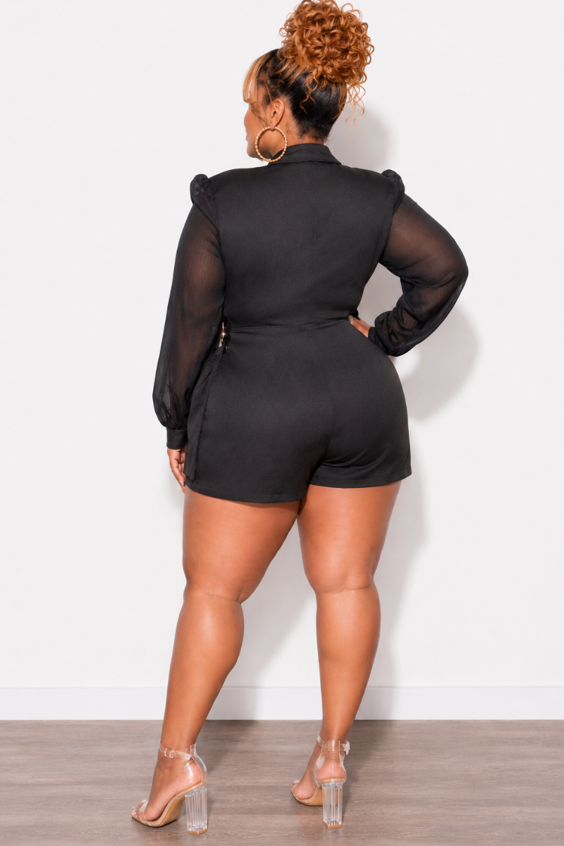 Final Sale Plus Size Faux Wrap Romper with Chiffon Sleeves in Black